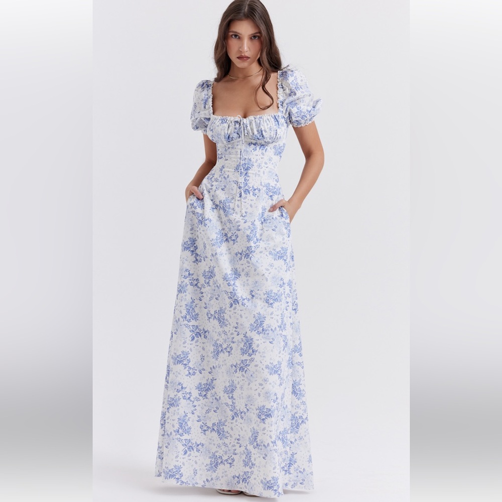 House of CB FELIZIA Blue Print Puff Sleeve Sundress (Large Plus Cup)